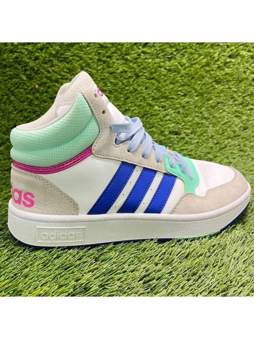 Adidas Hoops 3.0 Mid Mens Size 7.5 White Blue Athletic Leather Shoes Sneakers